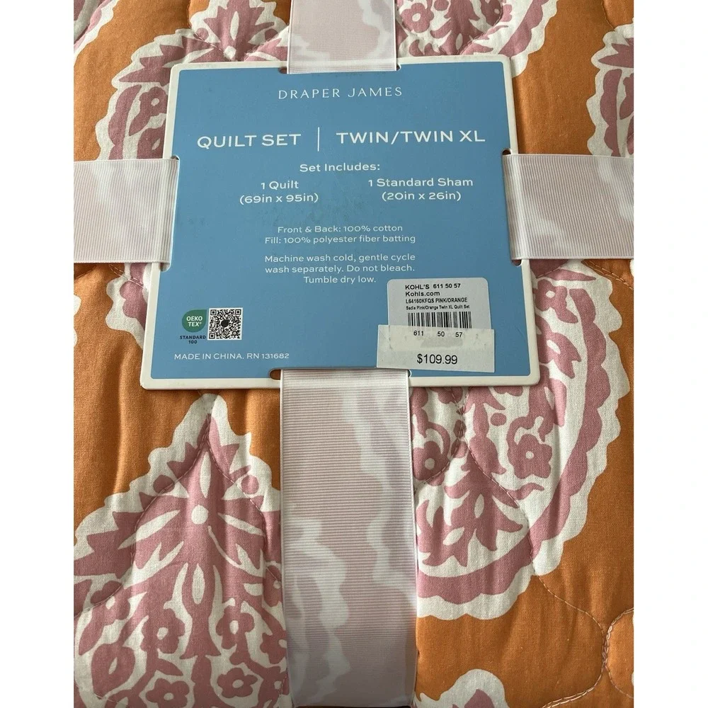 Draper James Twin Quilt Sham Set Orange Pink Paisley Floral Cottagecore Dorm NEW